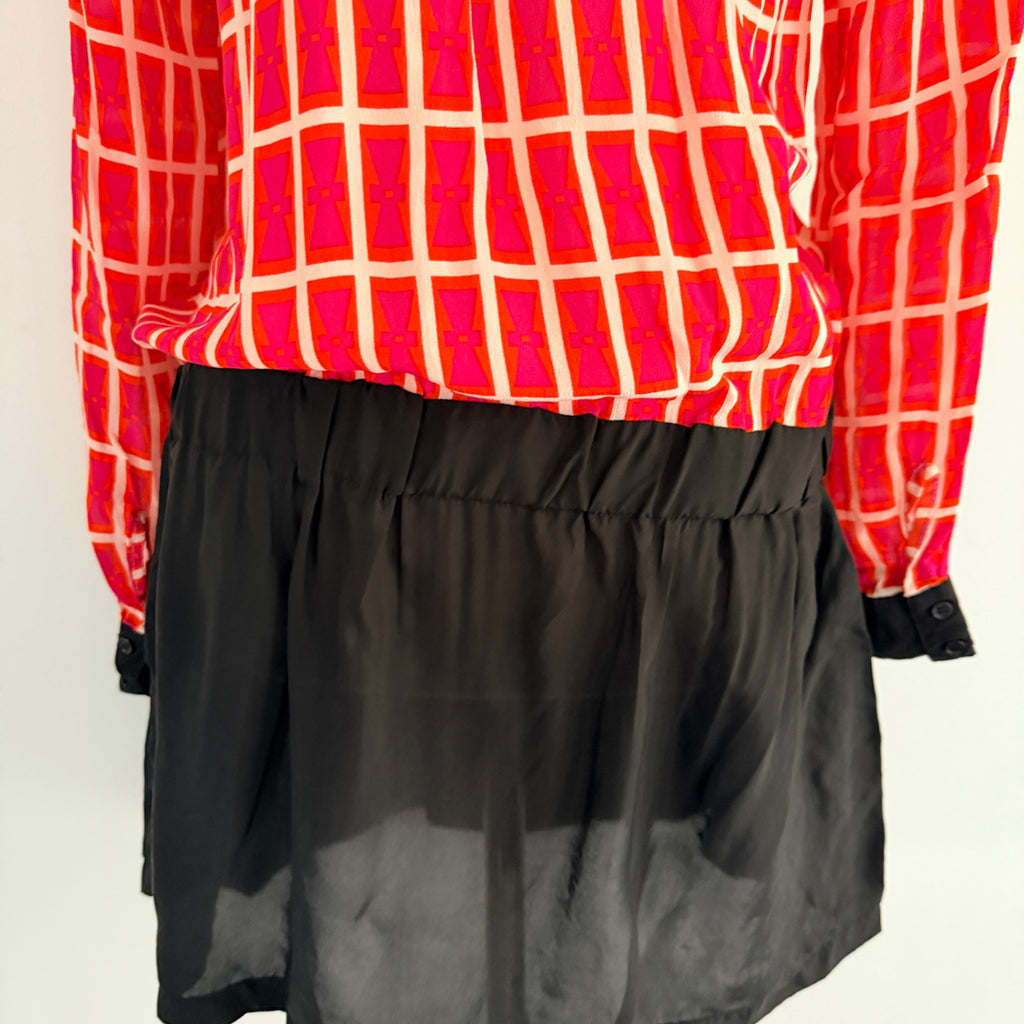 Orange Black Silk Geometric Print Shirt Dress Size S Boho Casual - Image 13