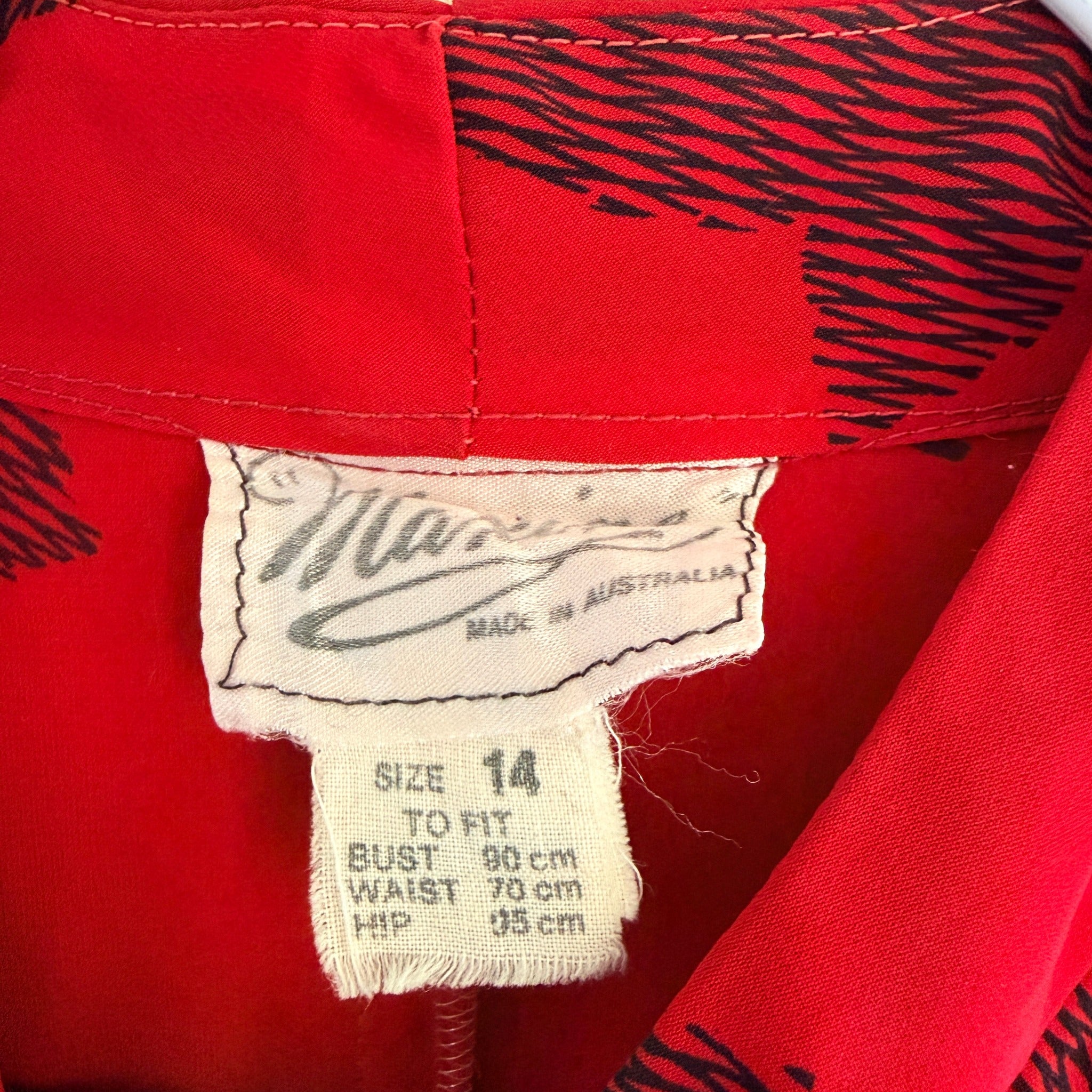 Maxine Vintage Red Black Leaf Print Polyester Pussy Bow Midi Dress Sz 14 Retro - Image 5