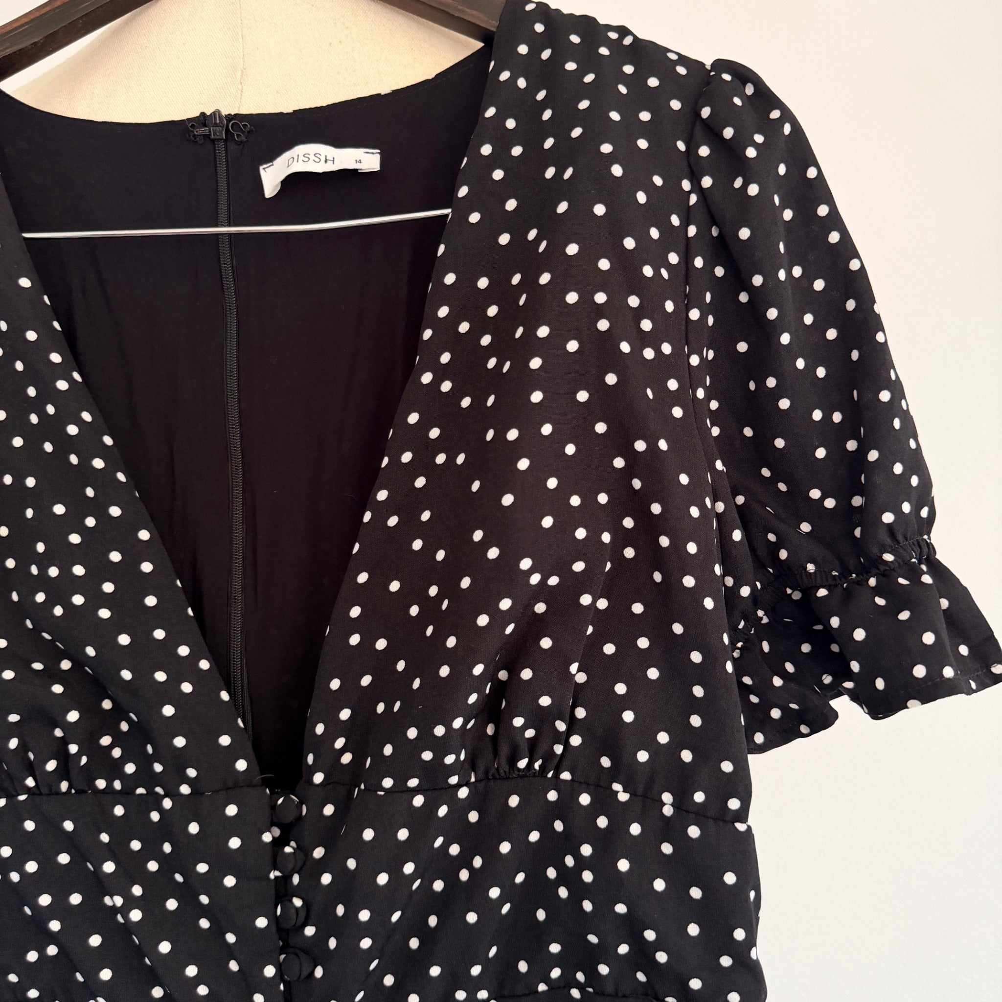 Dissh Black Polka Dot Polyester Jumpsuit Sz 14 Puff Sleeve V-Neck Party - Image 12