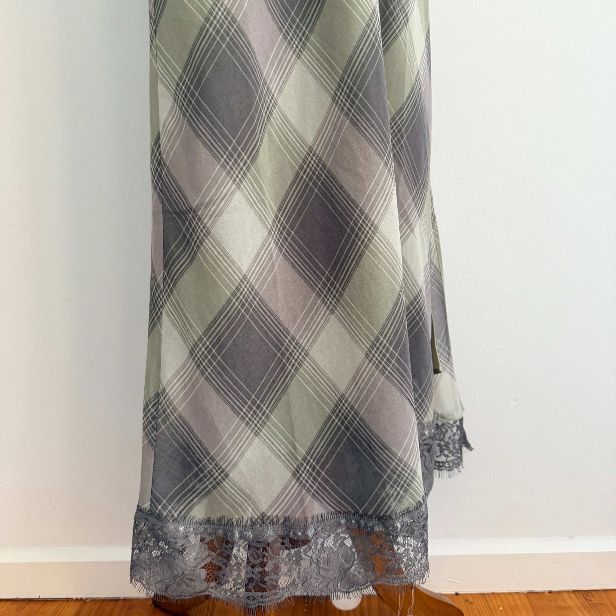 Glassons Khaki Charcoal Check Slip Dress Lace Trim Maxi Size 14 Evening BNWT - Image 13