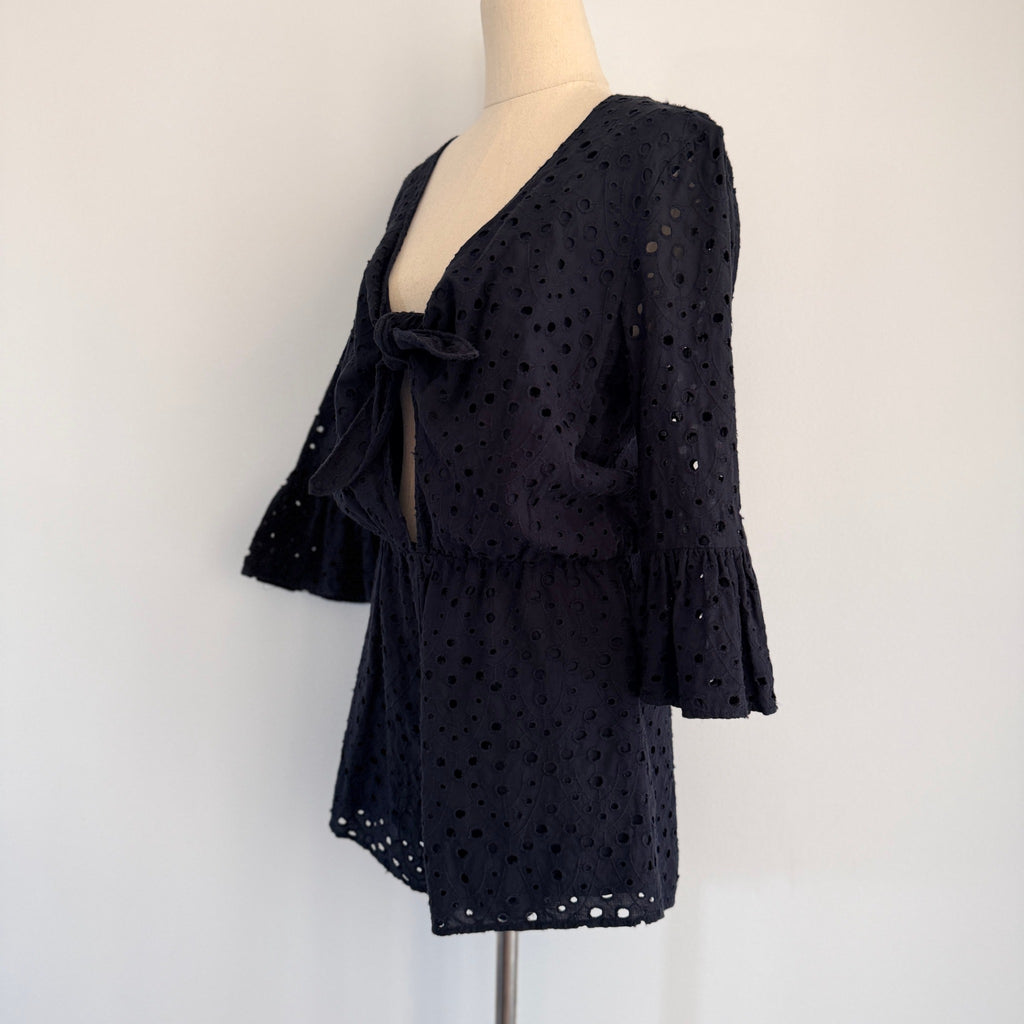 Seed Heritage Black Cotton Eyelet Playsuit Sz 10 Tie-Front Bell Sleeve Summer - Image 10