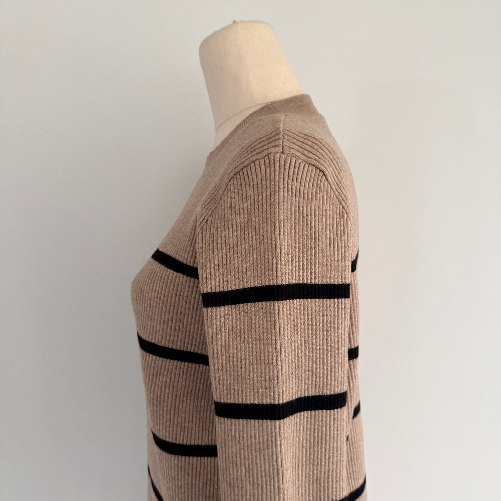 Feather + Noise Beige Stripe Ribbed Knit Jumper Sweater S/M Viscose Casual - Image 12