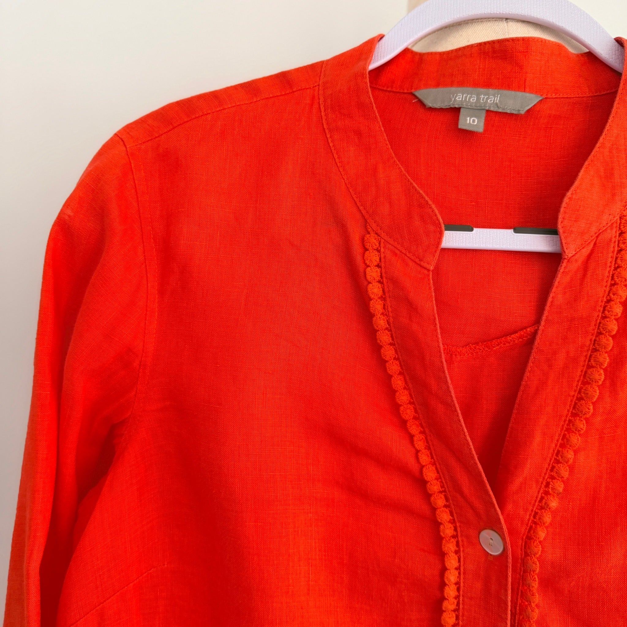 Yarra Trail Orange 100% Linen Button Up Shirt Size 10 Crochet Trim Casual - Image 12