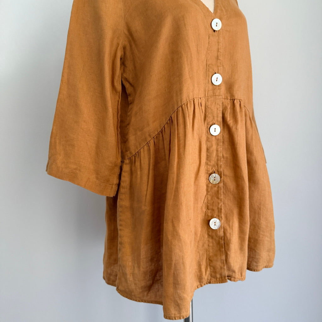 Sussan Linen Tunic Top Ochre V-Neck Button-Down Size 6 Relaxed Summer Casual - Image 15