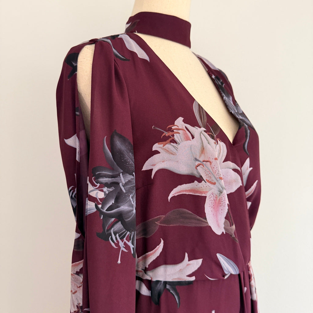 Portmans Floral Wrap Dress Burgundy Size 8 Elegant Long Sleeve - Image 11