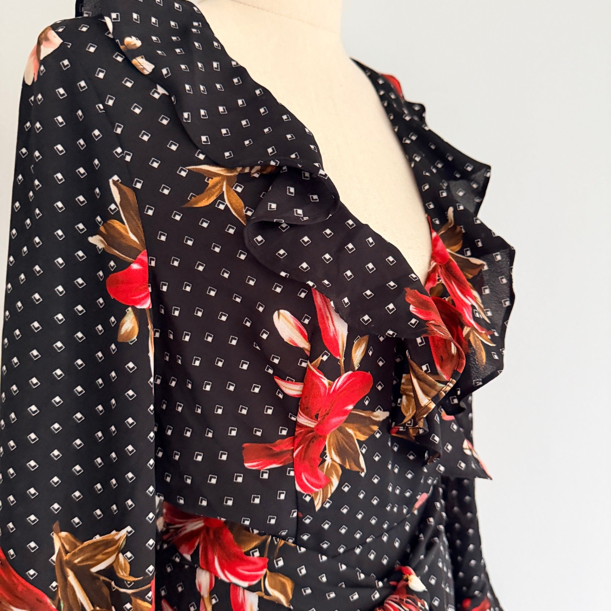 Sheike Black Floral Polka Dot Ruffle Wrap Dress Size 8 - Image 15