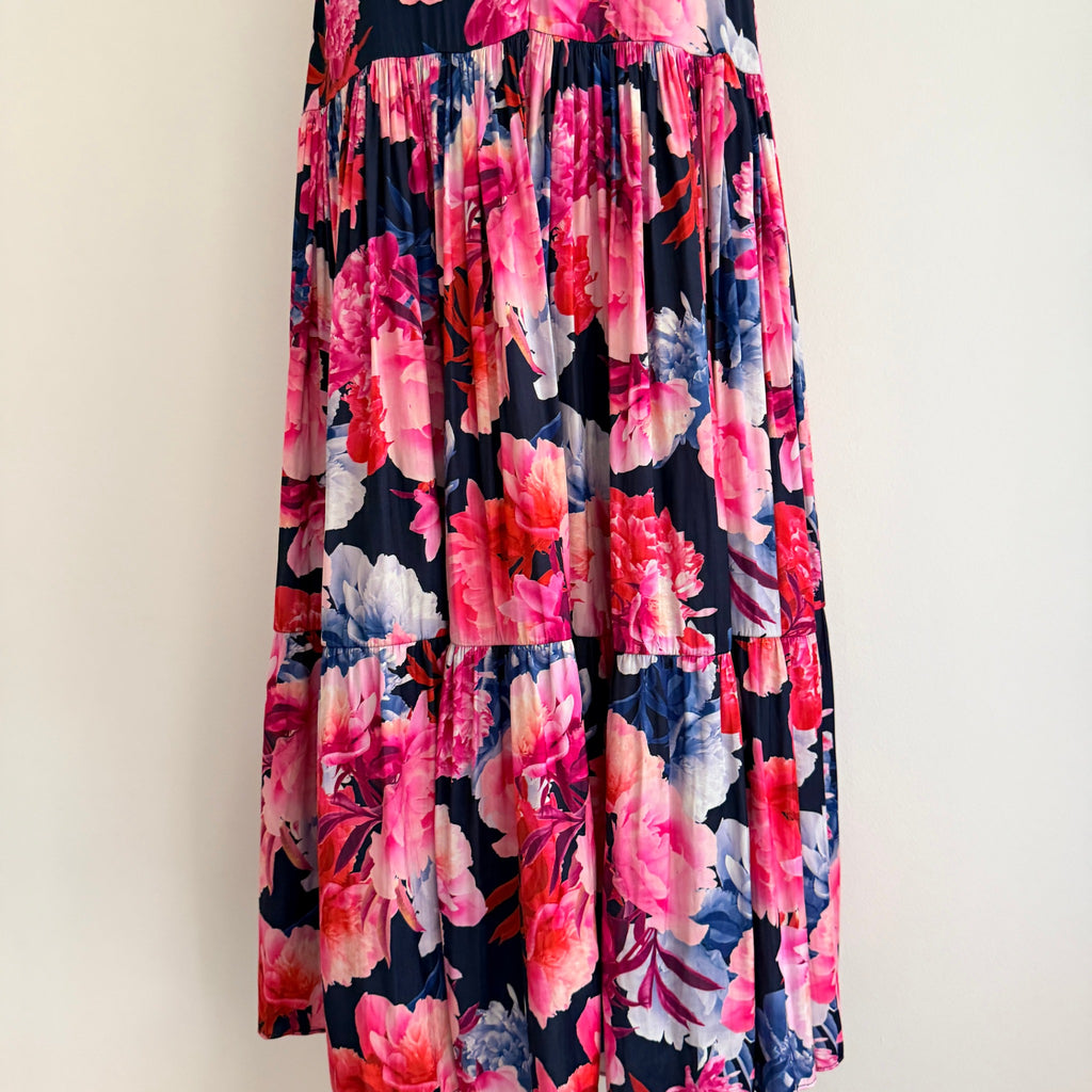 Portmans Floral Maxi Dress Navy Pink Tiered Sleeveless With Belt Sz 14 Casual - Image 13