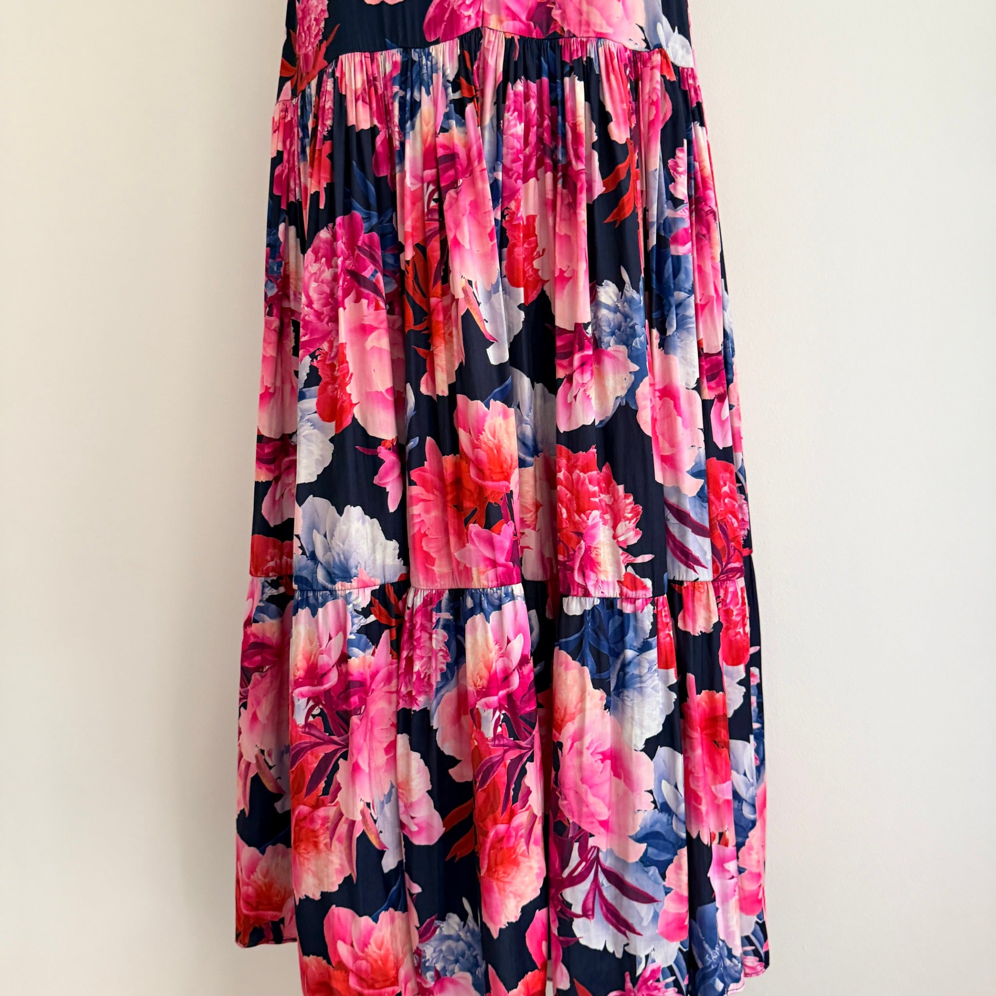 Portmans Floral Maxi Dress Navy Pink Tiered Sleeveless With Belt Sz 14 Casual - Image 13