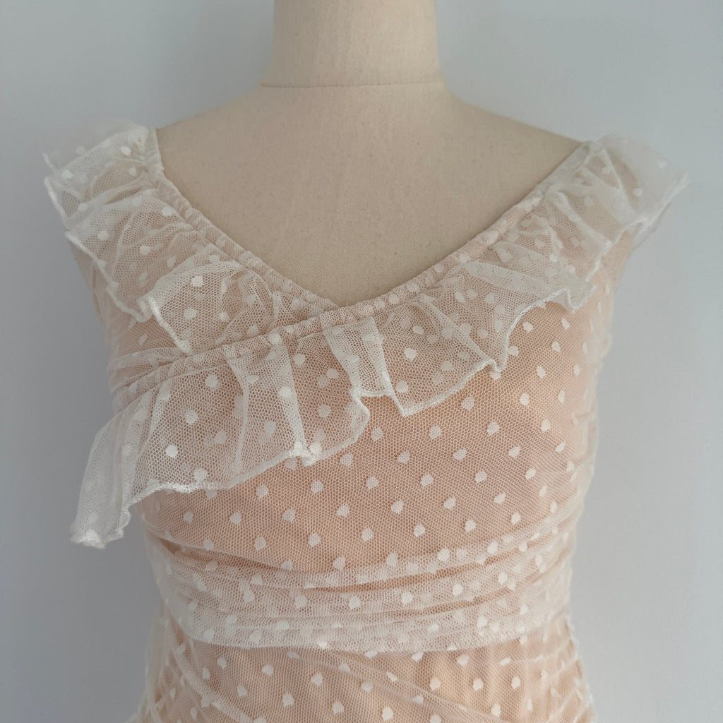 MDS Collections White Nude Mesh Swiss Dot Ruffle Mini Dress Size S Party - Image 3