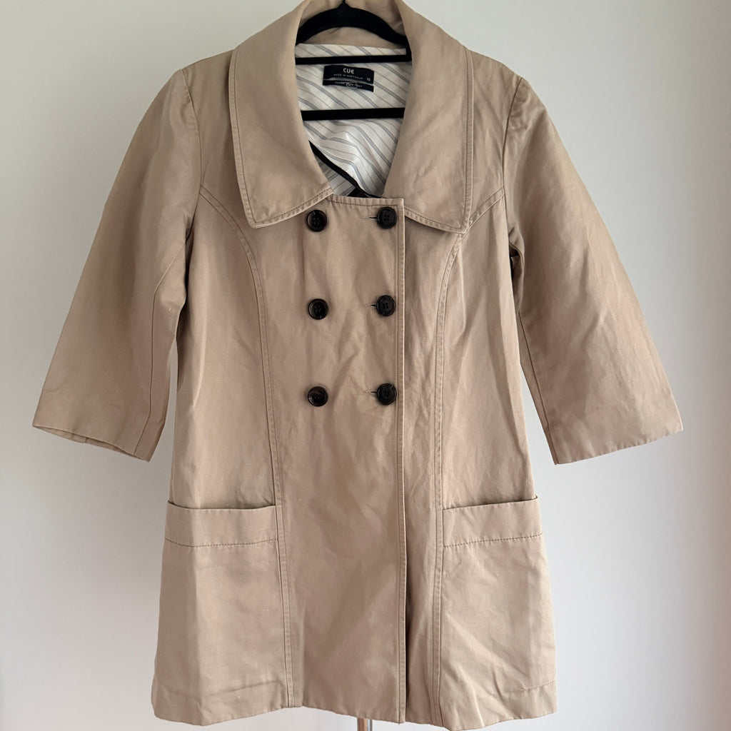 Cue Short Trench Coat  Size 10 Beige Cotton Linen Double Breasted Made Australia - Image 2