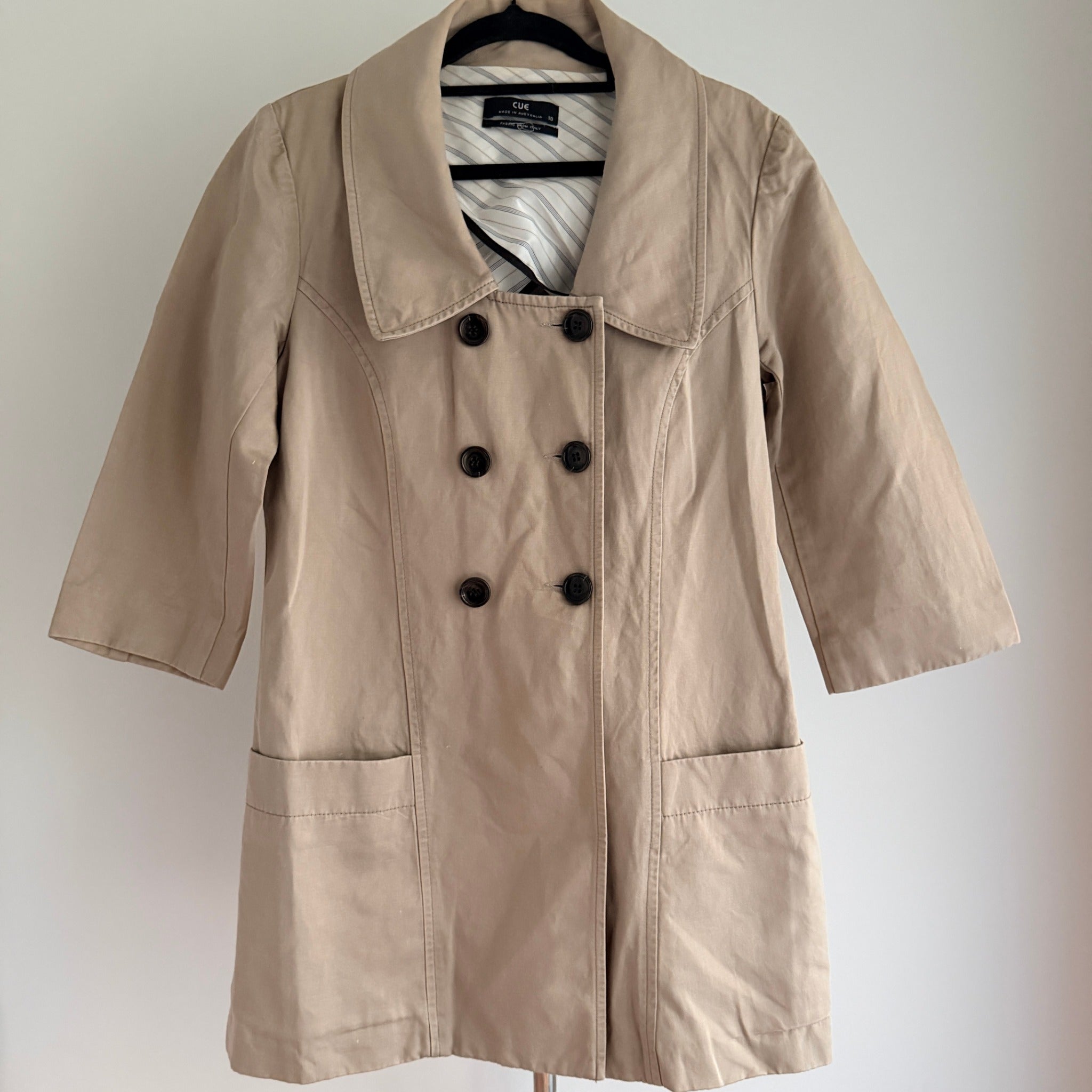 Cue Short Trench Coat  Size 10 Beige Cotton Linen Double Breasted Made Australia - Image 2
