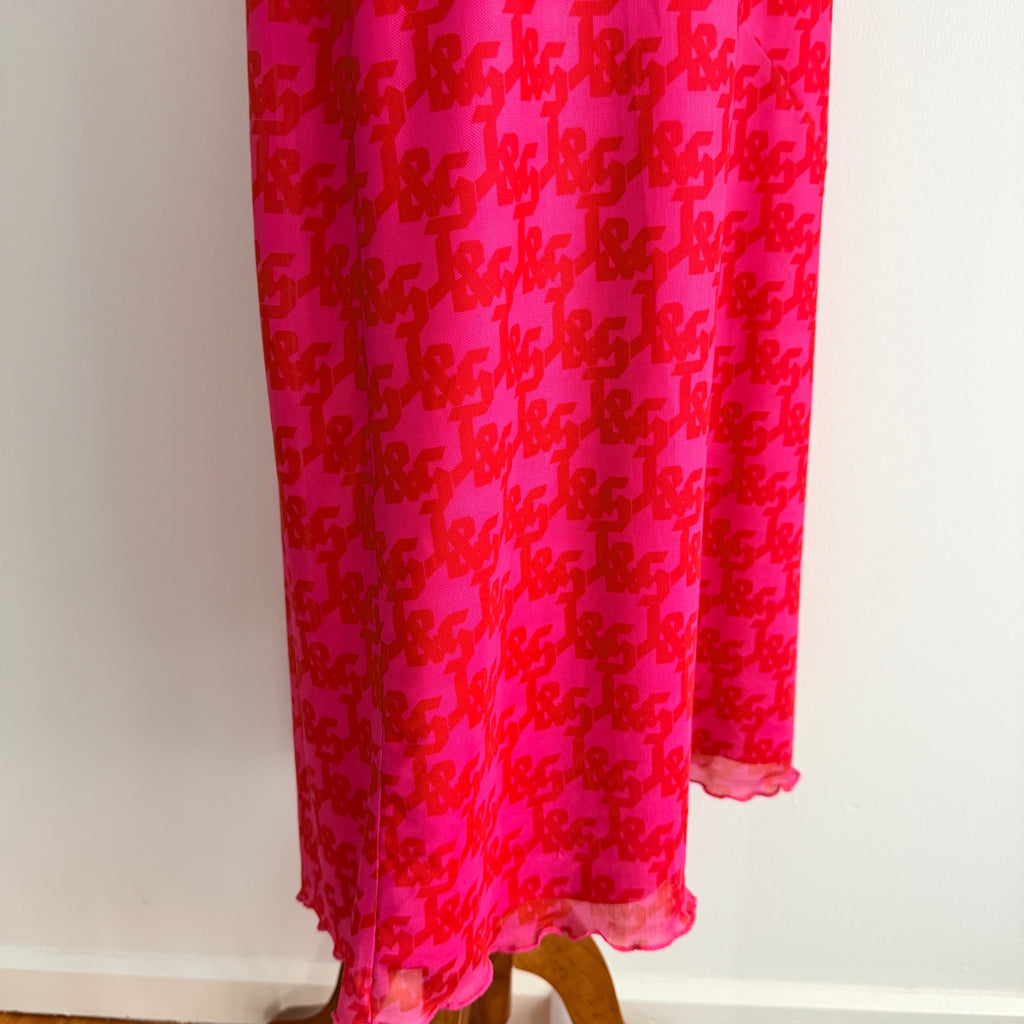 JGR & STN Pink Red Polyester Monogram Mesh Maxi Skirt Size 10 Party Night Out - Image 11