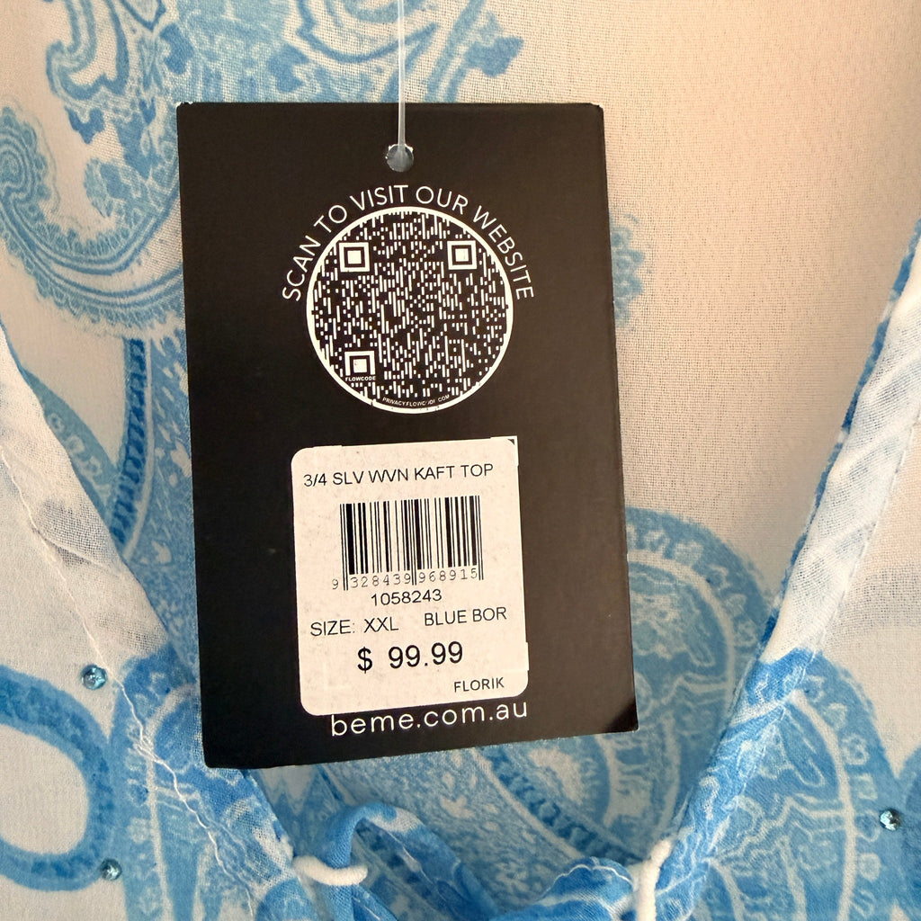 Beme Blue White Paisley Polyester Kaftan Top Size XXL Boho Beach Cover Up BNWT - Image 12