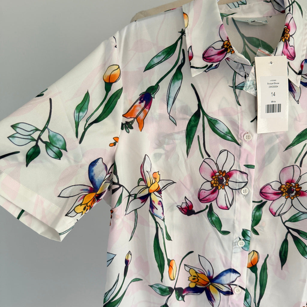 Established Bouquet Blouse White Floral Polyester Top Sz 14 Summer NWT - Image 12