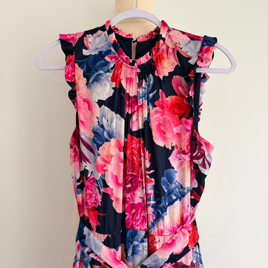 Portmans Floral Maxi Dress Navy Pink Tiered Sleeveless With Belt Sz 14 Casual - Image 4