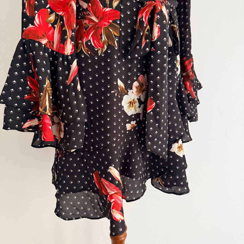 Sheike Black Floral Polka Dot Ruffle Wrap Dress Size 8 - Image 16