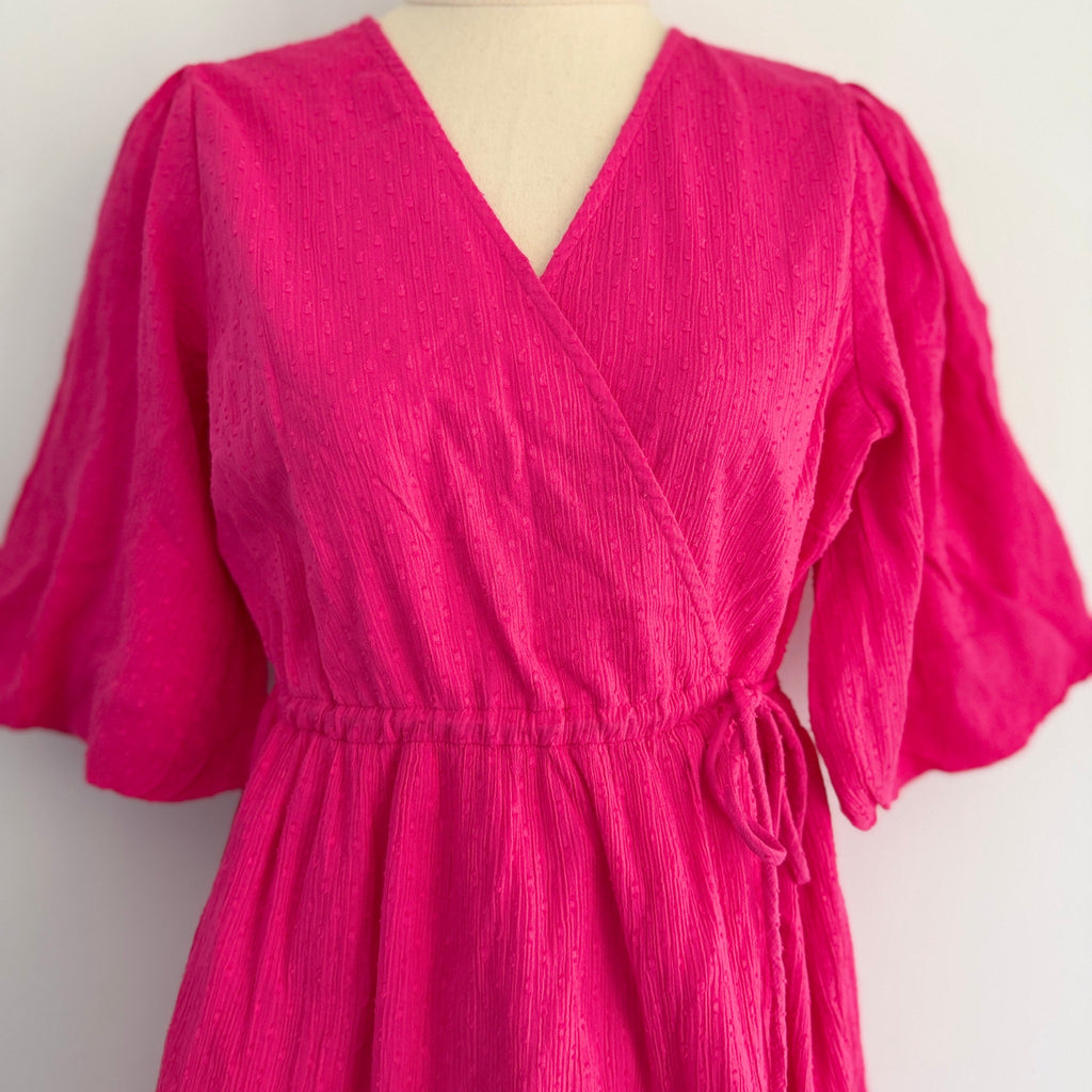 YAS Womens Wrap Dress Size XS Pink Cotton Puff Sleeve Tie Waist Summer - Image 3