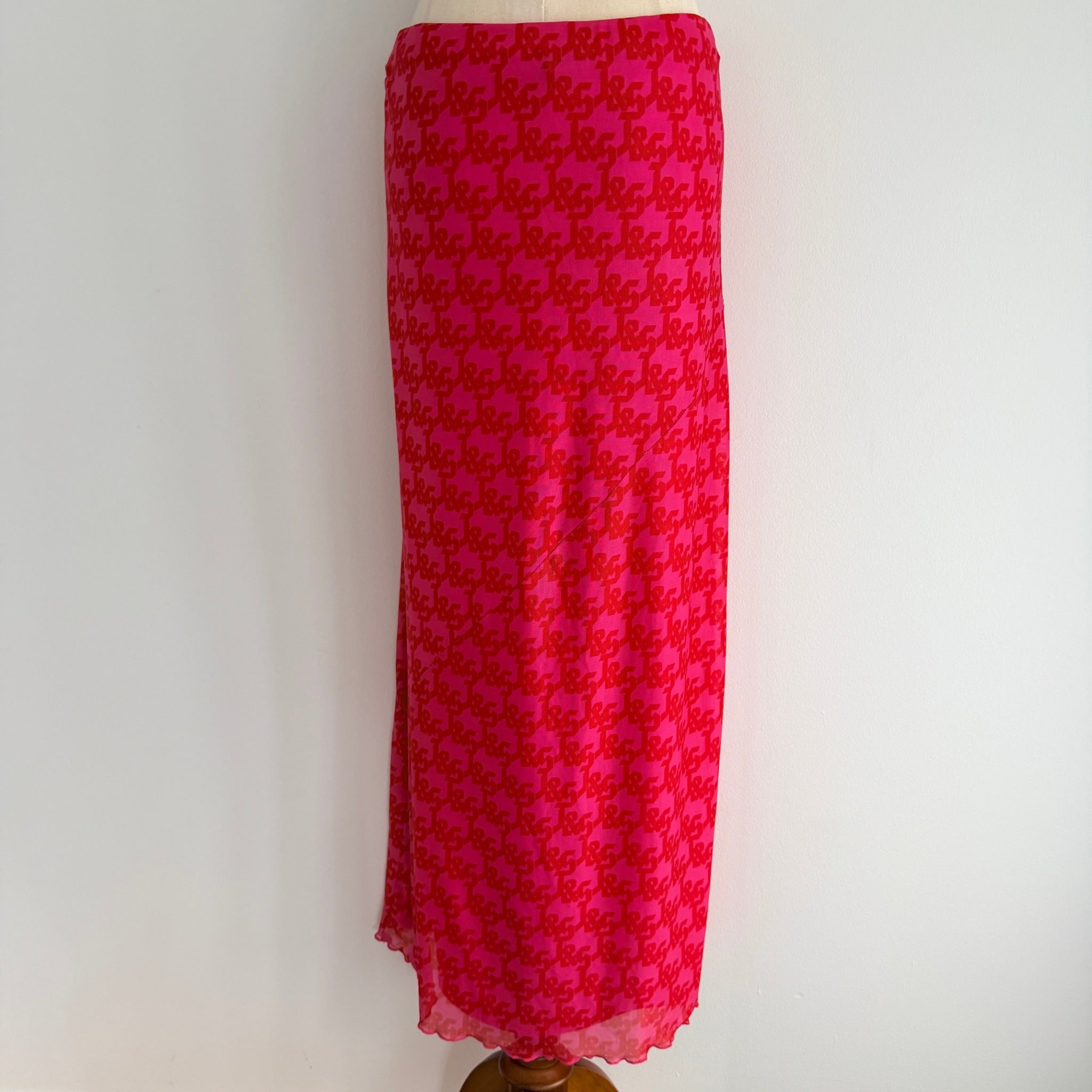 JGR & STN Pink Red Polyester Monogram Mesh Maxi Skirt Size 10 Party Night Out - Image 2