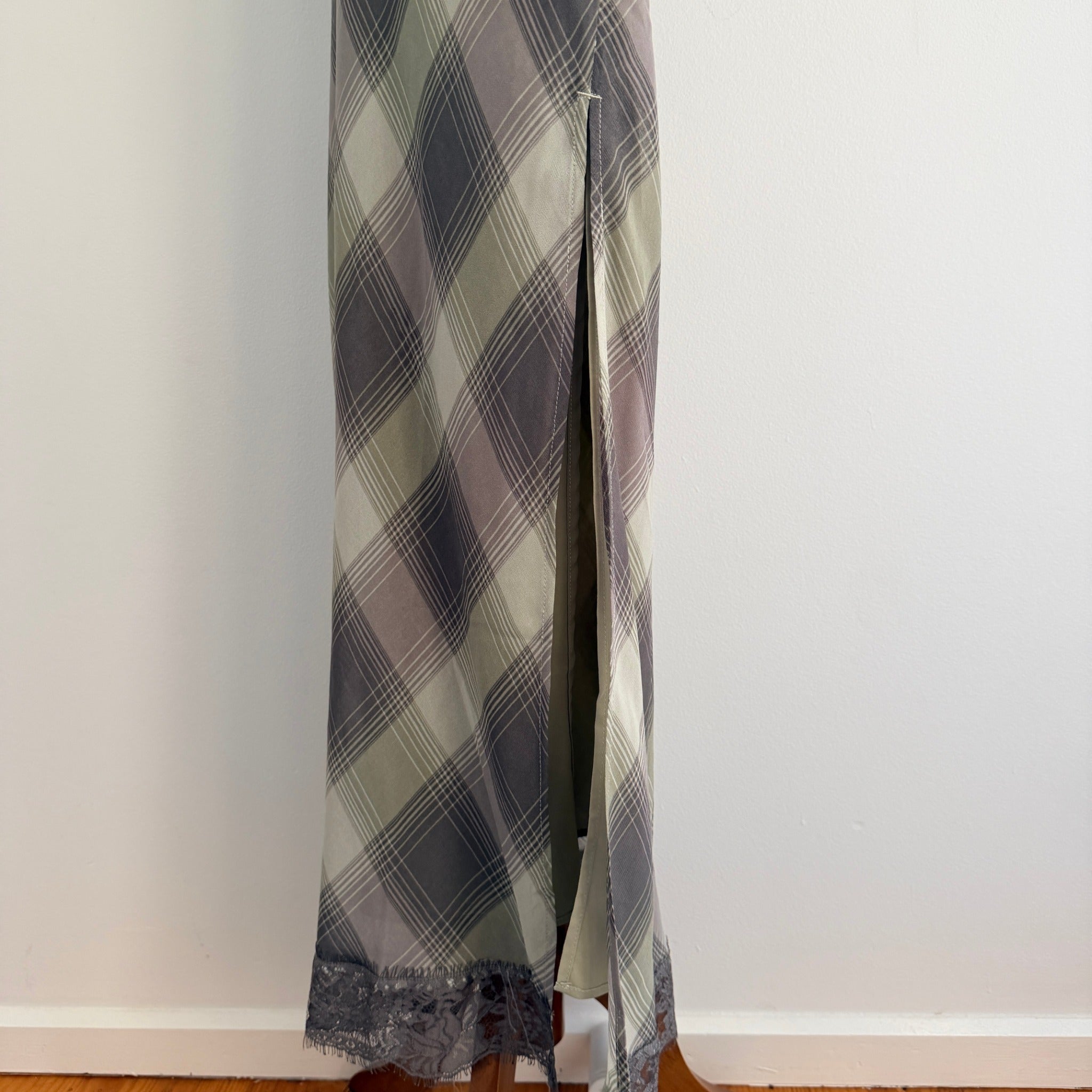 Glassons Khaki Charcoal Check Slip Dress Lace Trim Maxi Size 14 Evening BNWT - Image 14