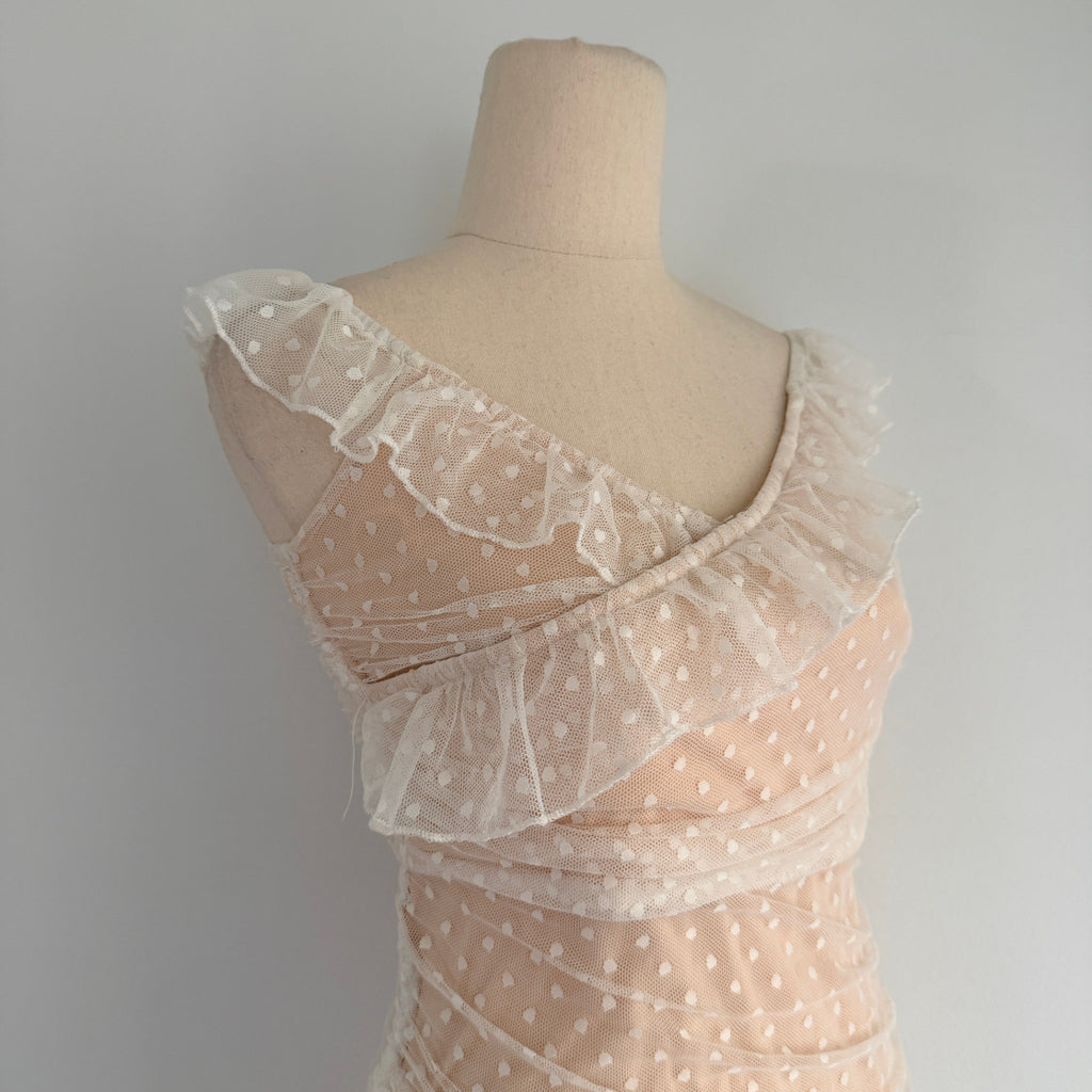 MDS Collections White Nude Mesh Swiss Dot Ruffle Mini Dress Size S Party - Image 5