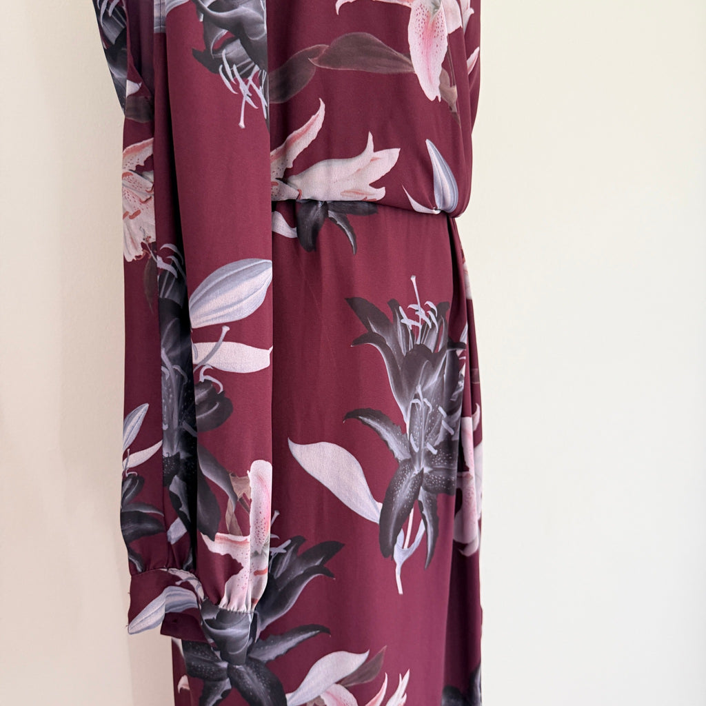 Portmans Floral Wrap Dress Burgundy Size 8 Elegant Long Sleeve - Image 12