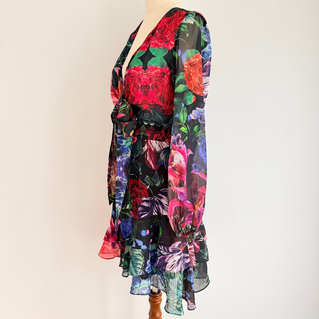 Sheike Floral Print Tie-Front Long Sleeve Mini Dress Size 8 - Image 7