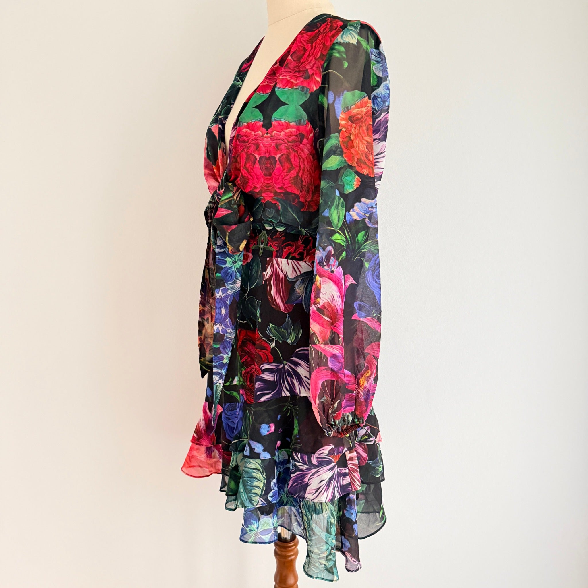 Sheike Floral Print Tie-Front Long Sleeve Mini Dress Size 8 - Image 7