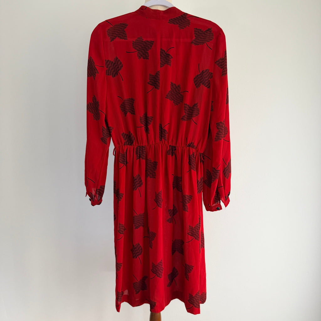 Maxine Vintage Red Black Leaf Print Polyester Pussy Bow Midi Dress Sz 14 Retro - Image 2