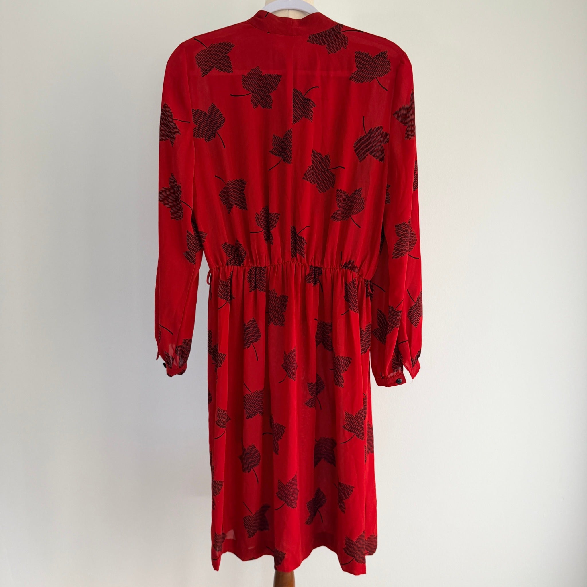 Maxine Vintage Red Black Leaf Print Polyester Pussy Bow Midi Dress Sz 14 Retro - Image 2