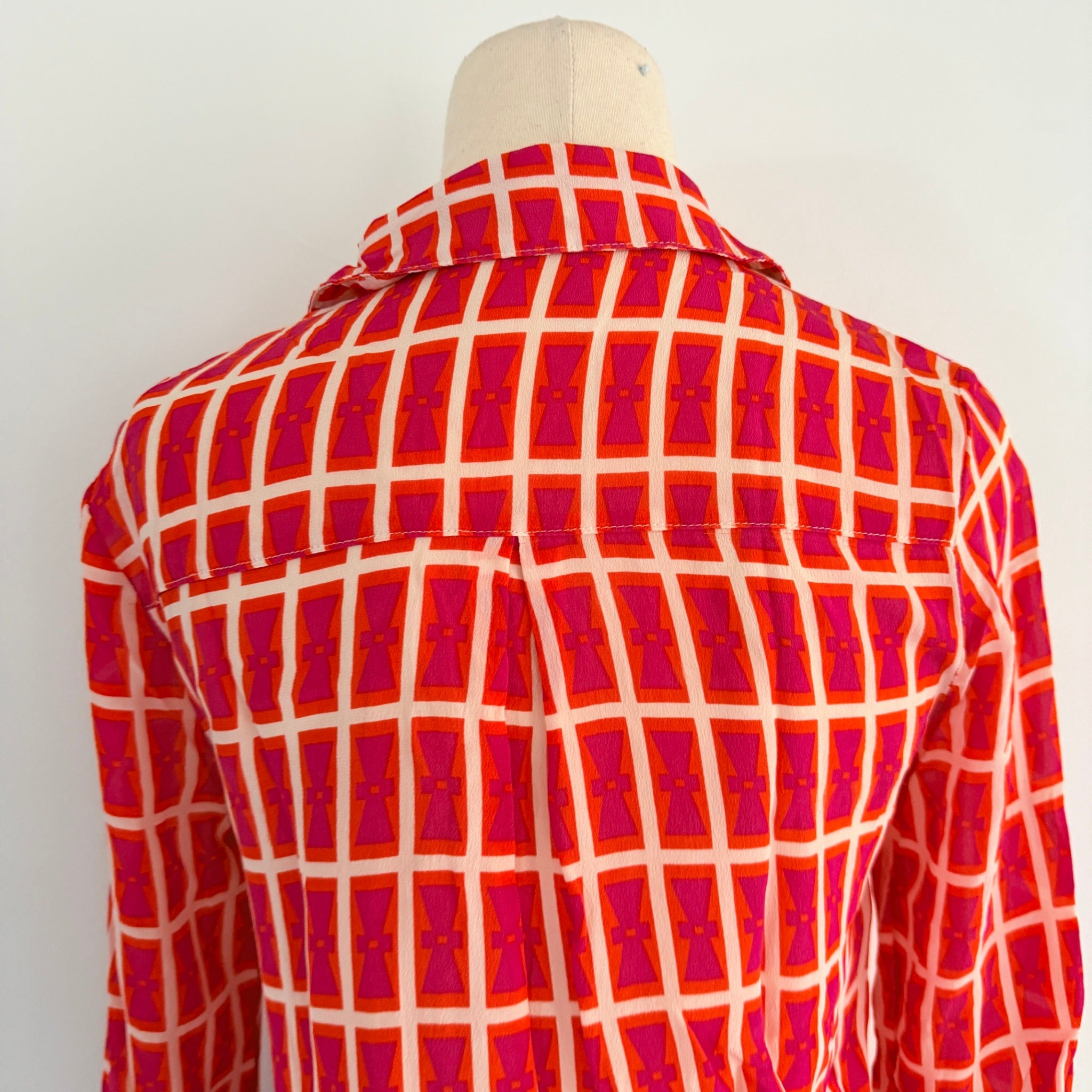 Orange Black Silk Geometric Print Shirt Dress Size S Boho Casual - Image 4