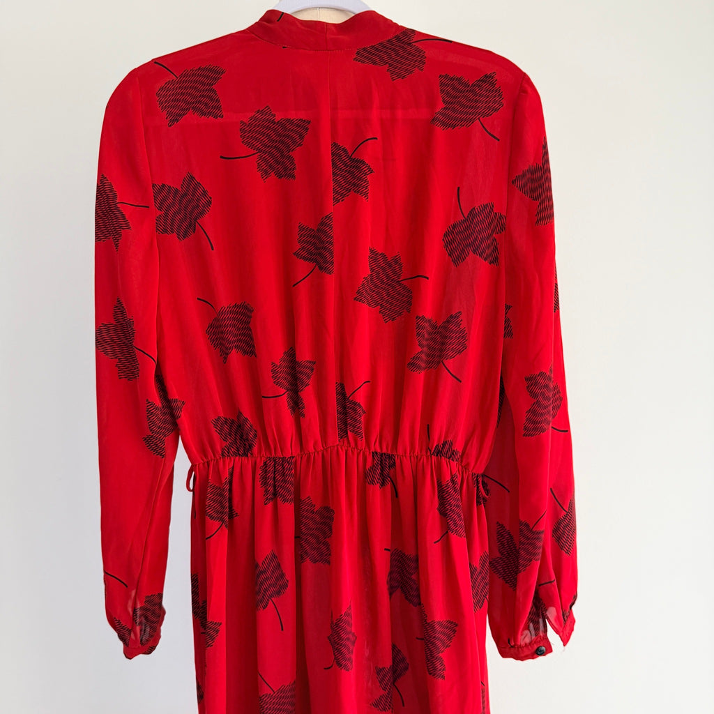 Maxine Vintage Red Black Leaf Print Polyester Pussy Bow Midi Dress Sz 14 Retro - Image 4