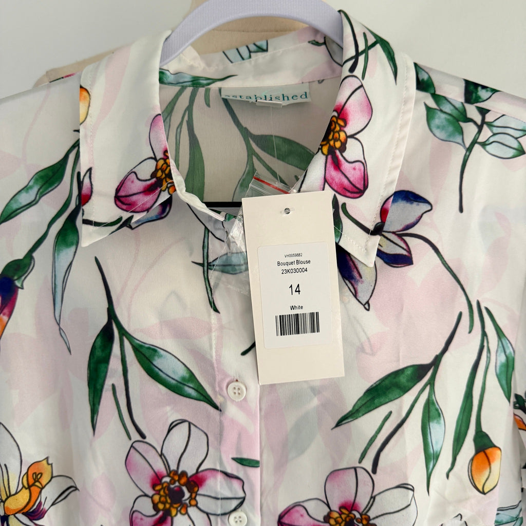 Established Bouquet Blouse White Floral Polyester Top Sz 14 Summer NWT - Image 3