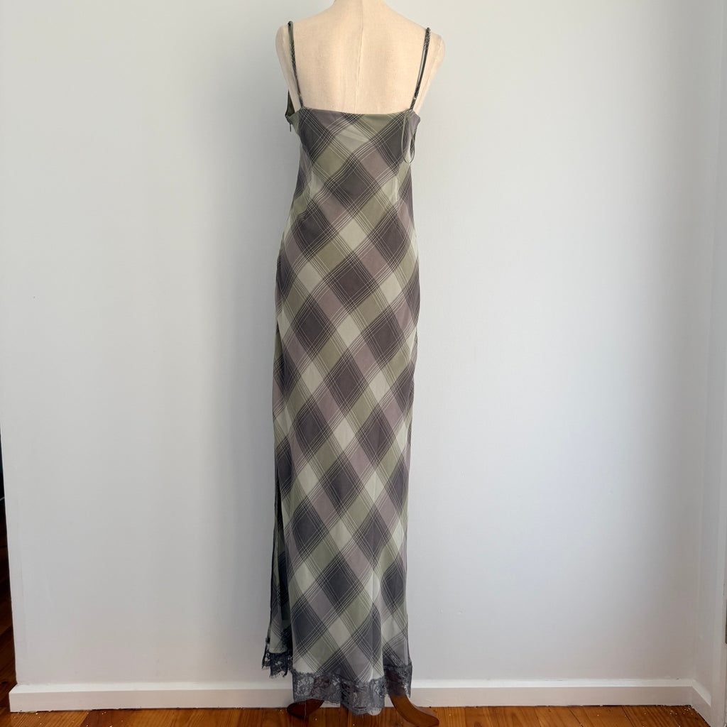 Glassons Khaki Charcoal Check Slip Dress Lace Trim Maxi Size 14 Evening BNWT - Image 2
