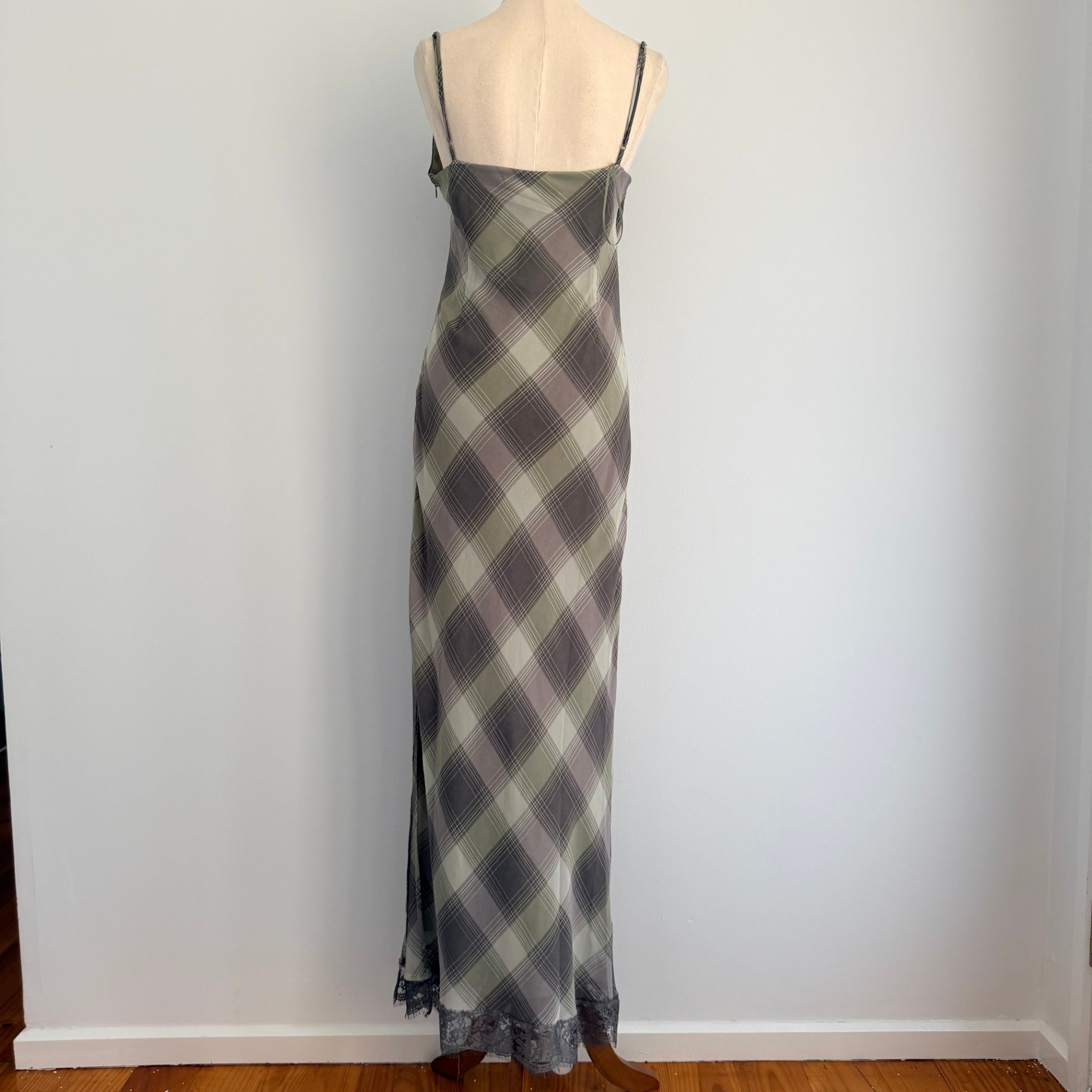 Glassons Khaki Charcoal Check Slip Dress Lace Trim Maxi Size 14 Evening BNWT - Image 2