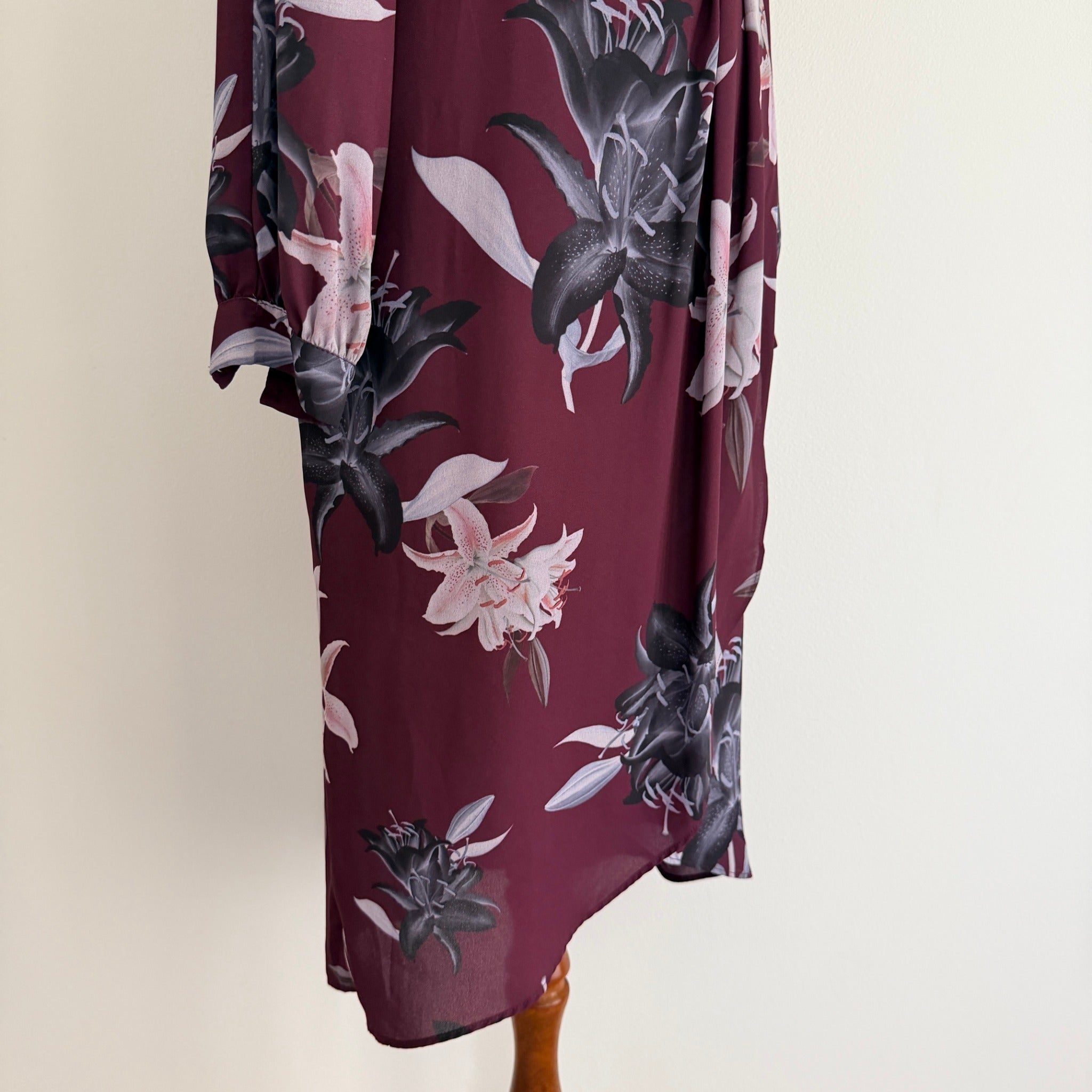 Portmans Floral Wrap Dress Burgundy Size 8 Elegant Long Sleeve - Image 13