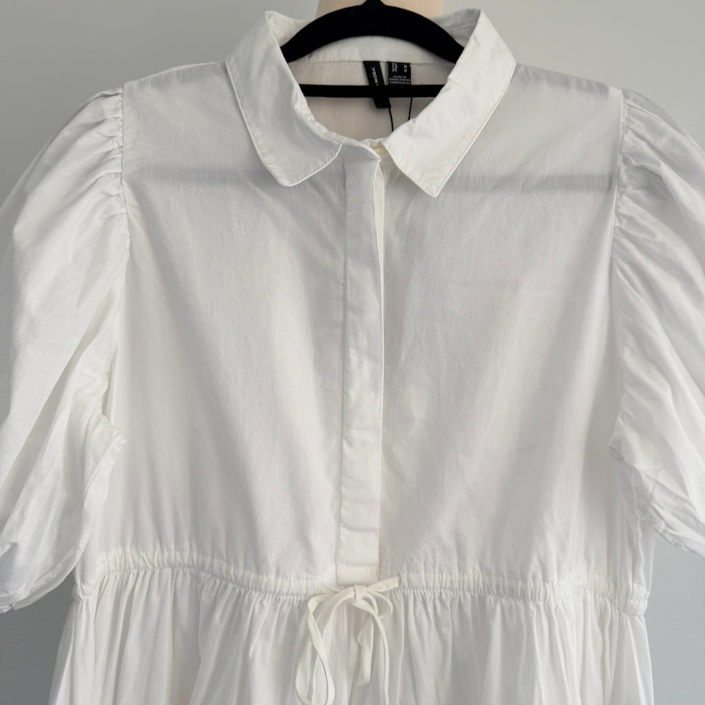 Vero Moda White Cotton Midi Dress Puff Sleeve Tie Waist Size M Casual BNWT - Image 3