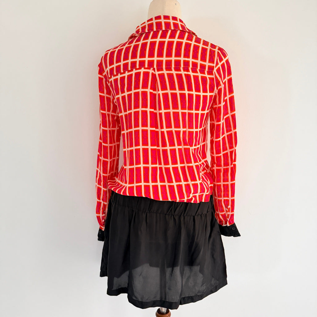 Orange Black Silk Geometric Print Shirt Dress Size S Boho Casual - Image 2