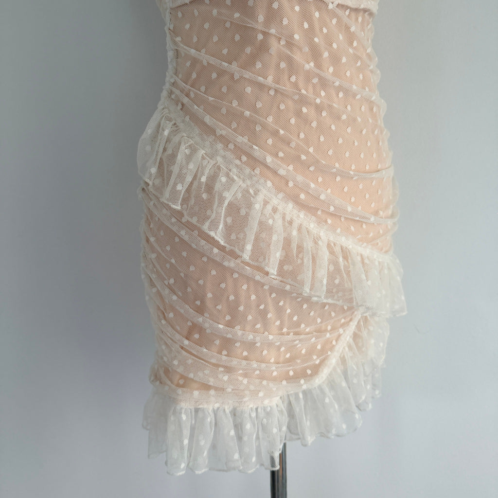 MDS Collections White Nude Mesh Swiss Dot Ruffle Mini Dress Size S Party - Image 14