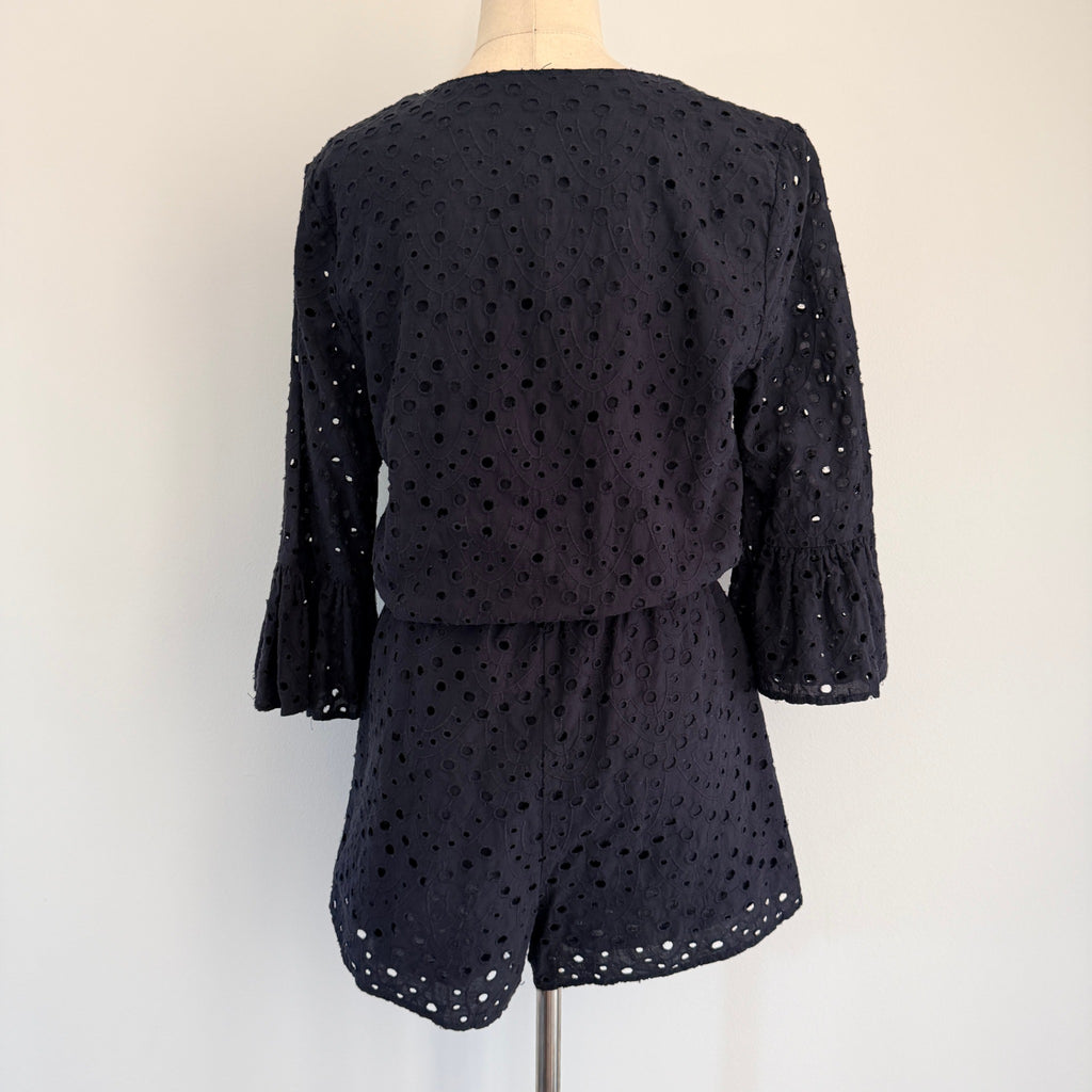 Seed Heritage Black Cotton Eyelet Playsuit Sz 10 Tie-Front Bell Sleeve Summer - Image 2