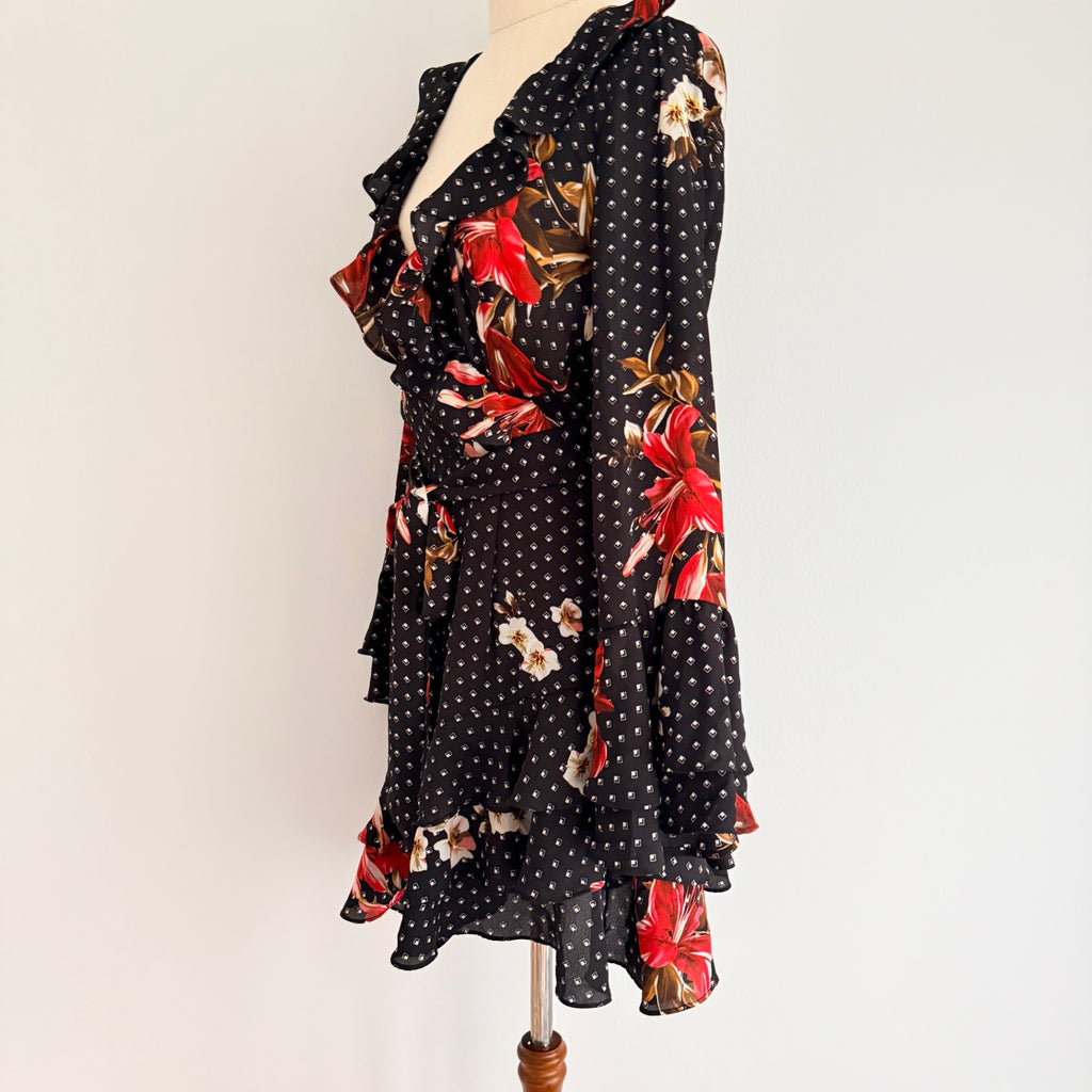 Sheike Black Floral Polka Dot Ruffle Wrap Dress Size 8 - Image 13