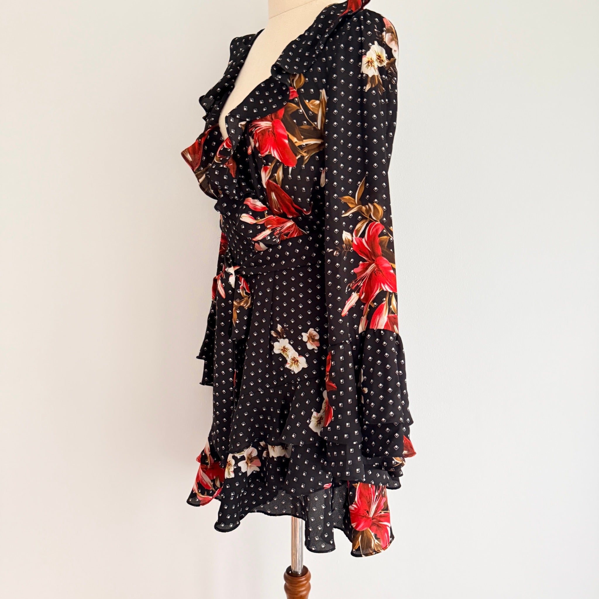 Sheike Black Floral Polka Dot Ruffle Wrap Dress Size 8 - Image 13